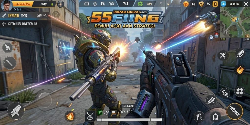 Screenshot gameplay 55FIVE dengan aksi tembak-menembak yang seru dan dinamis.