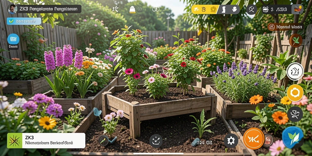 Tampilan gameplay ZK3 yang menampilkan berkebun dan peternakan.