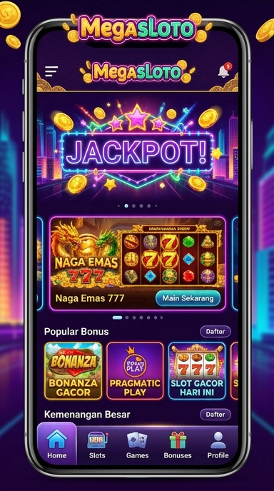 Screenshot aplikasi megasloto dengan antarmuka pengguna modern.